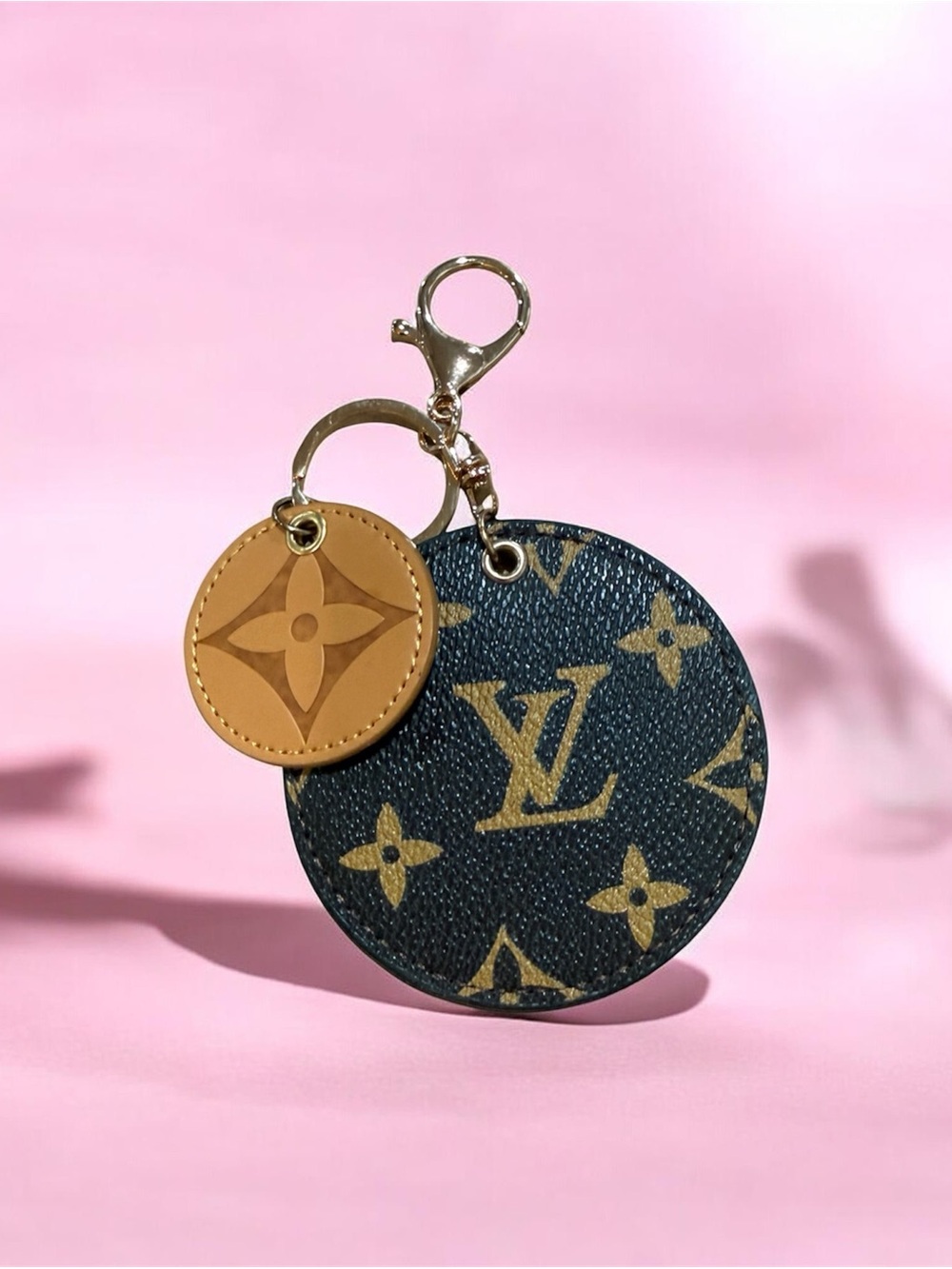 Fashion Monogram Round Keychain Charm in Brown (One Keychain) Showing both sides